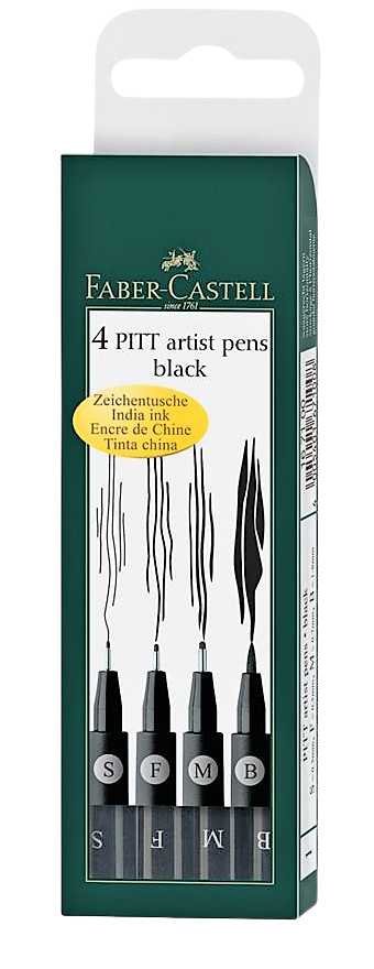 Pitt Artist Pen India ink, wallet of 4, black - S, F, M, B